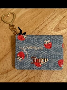 Juicy Couture Blue Strawberry Print Card Holder with Gold Hardware